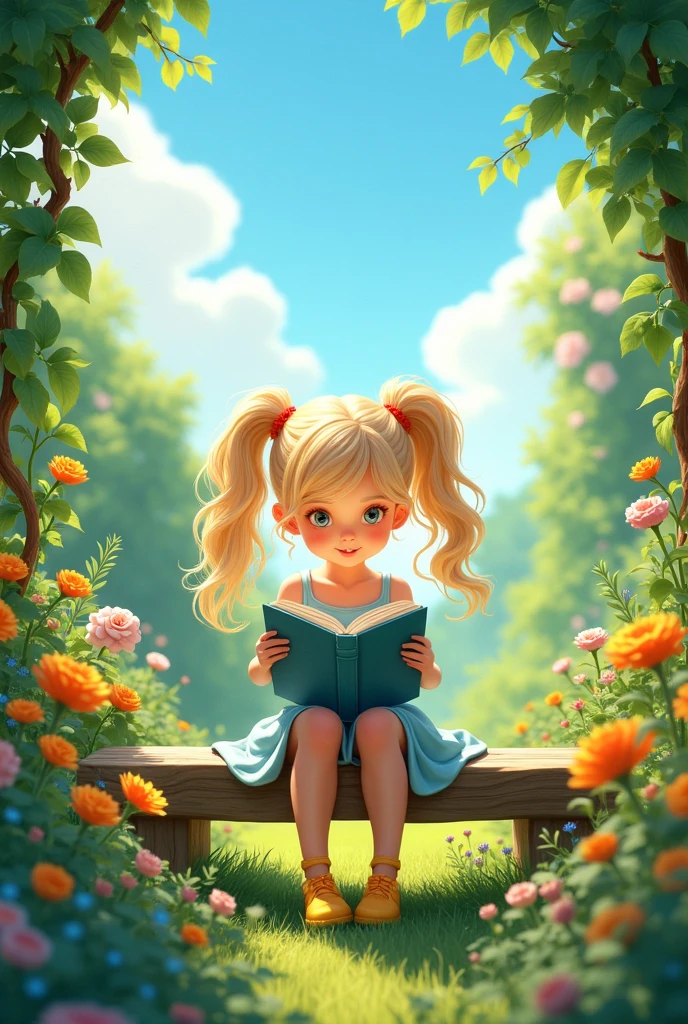 The  girl with long wavy light blonde hair in two high ponytails, wearing her light blue dress and yellow shoes, sitting on a wooden bench in the garden, calmly reading a storybook with a content smile.  https://www.seaart.ai/explore/detail/cr5okdle878c73de7n90
