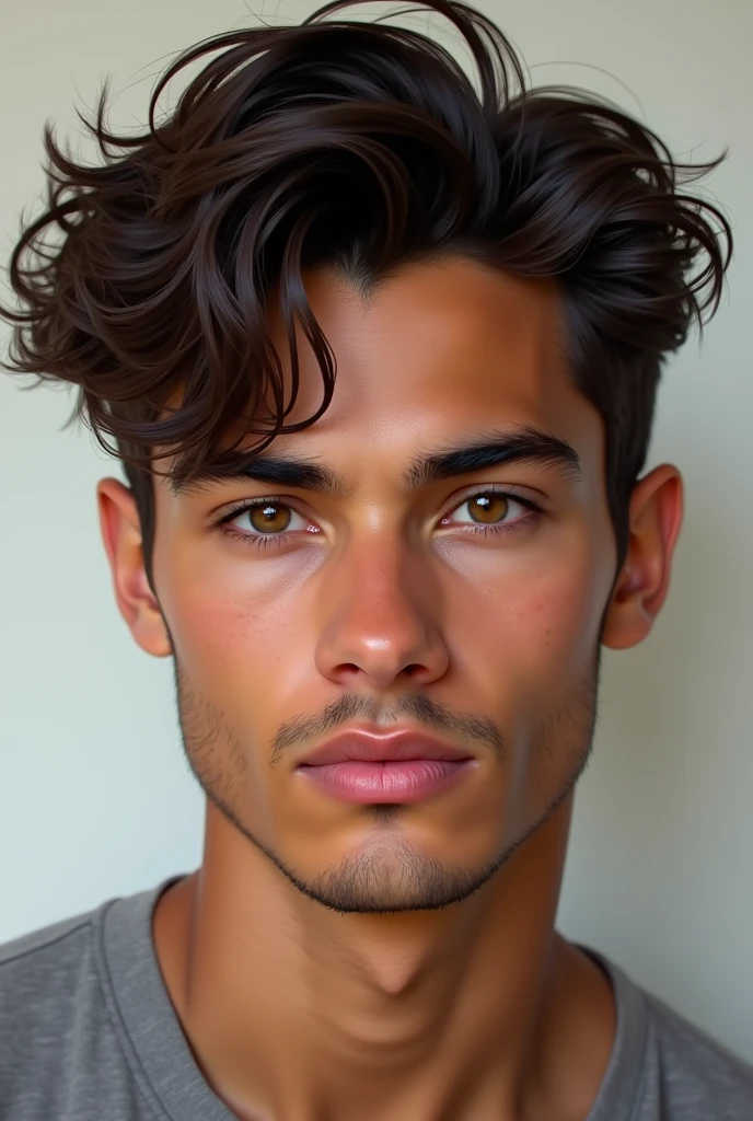 20 year old man, normal height (1.77), Brown skin, light brown eyes, dark brown messy hair, Mexican, almond eyes, Thin face but with light masculine features , attractive