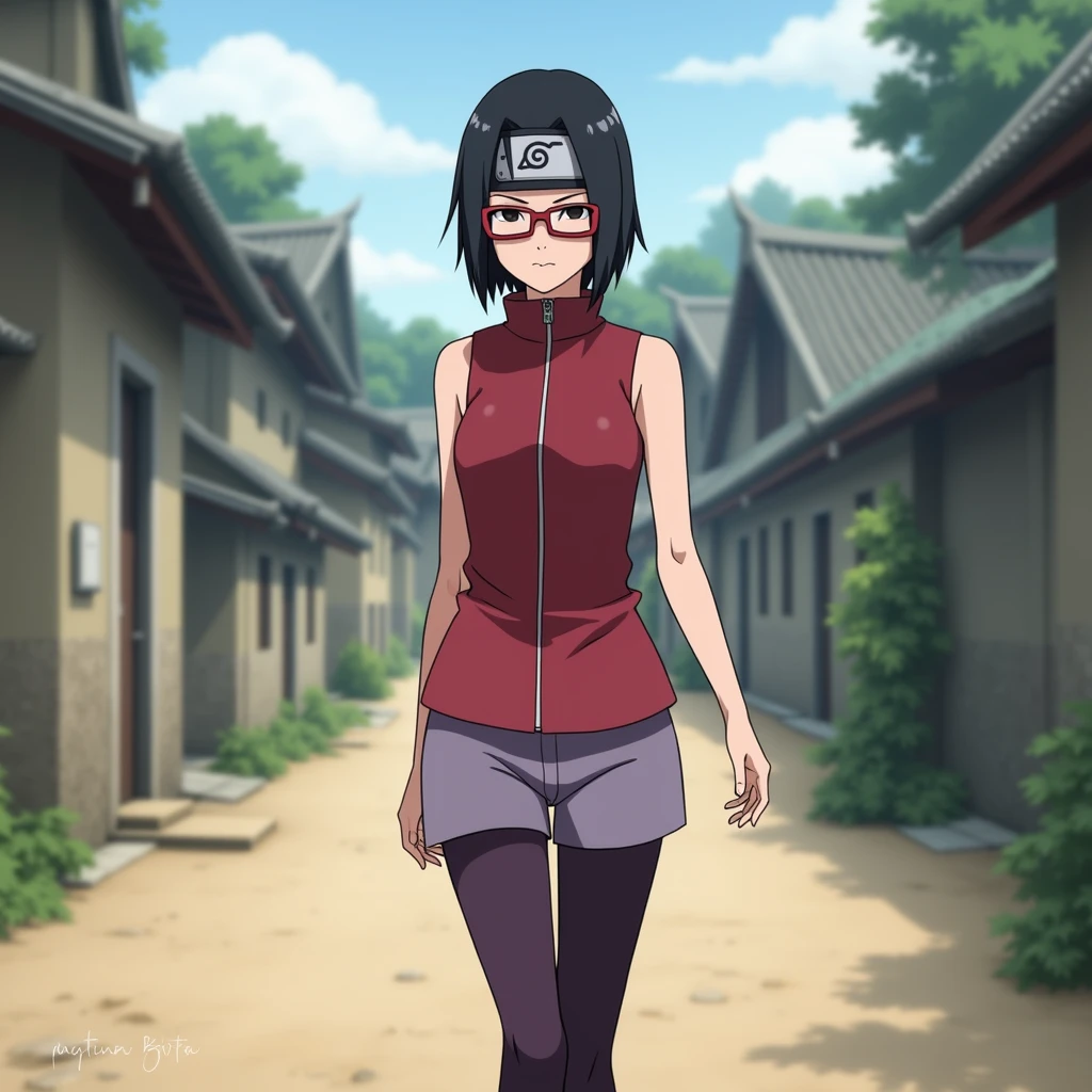 Sarada Uchiha is a female character from the Boruto Manga (She is depicted as having black irises, short neck-length hair with a side-parted hairstyle and bangs that are set aside, wearing rectangular red glasses, wearing a Konoha village symbol headband, wearing a red outfit with a collar that covers the neck and a zipper that is in the middle of her shirt from top to bottom and also sleevless, wearing lilac shorts above the knee, with dark purple stockings to the knees, and wearing black ninja shoes) she was walking in the village while looking down