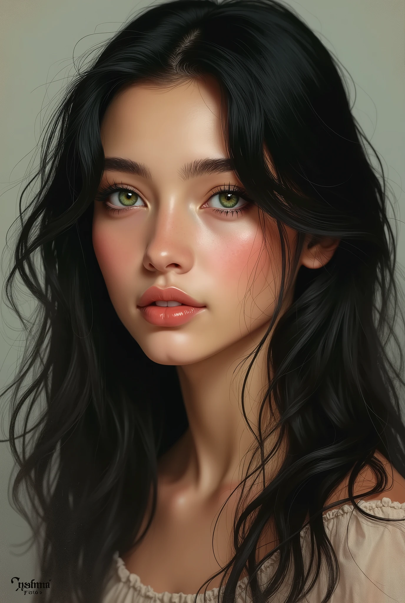 Girl green eyes black hair realistic