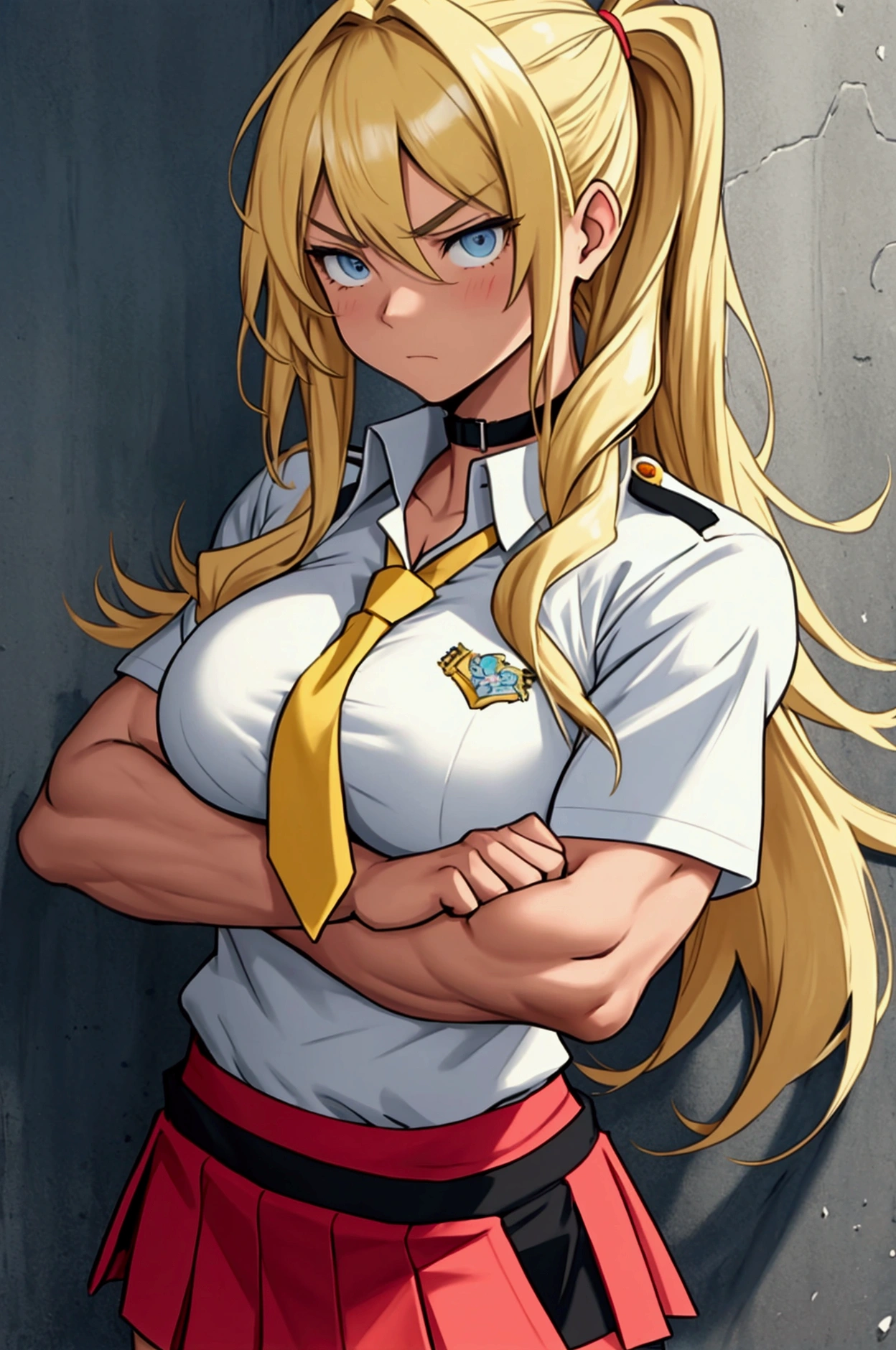 A colorful manga-style illustration showing a young girl with long blonde hair and a determined, stern expression? She is wearing a very tight school uniform that highlights her muscles, particularly her extremely muscular arms. In the schoolyard, her right hand is touching her enormous left bicep, which she is proudly flexing, displaying her hard and bulging muscles. Around her, her classmates are watching with impressed expressions, amazed by the size of her bicep. One of them, fascinated, is touching her flexed bicep.