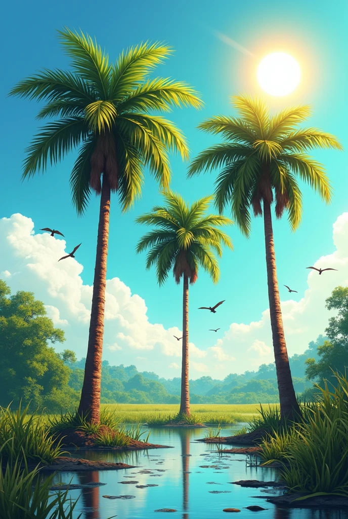 Logo of three buriti palm trees (Mauritia Flexuosa) in the swamp, with the sun shining brightly in the blue sky, with vultures flying in the distance.