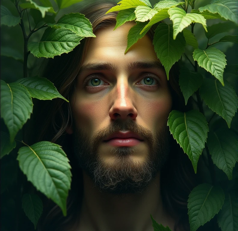 Draw the face of Jesus Christ with tree leaves
