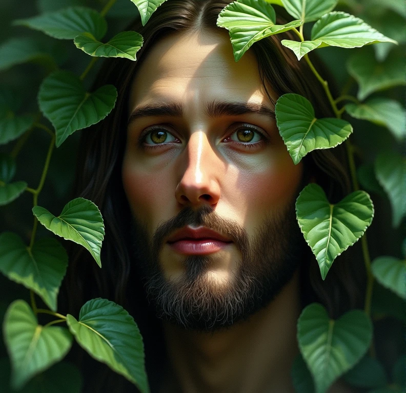 Draw the face of Jesus Christ with tree leaves