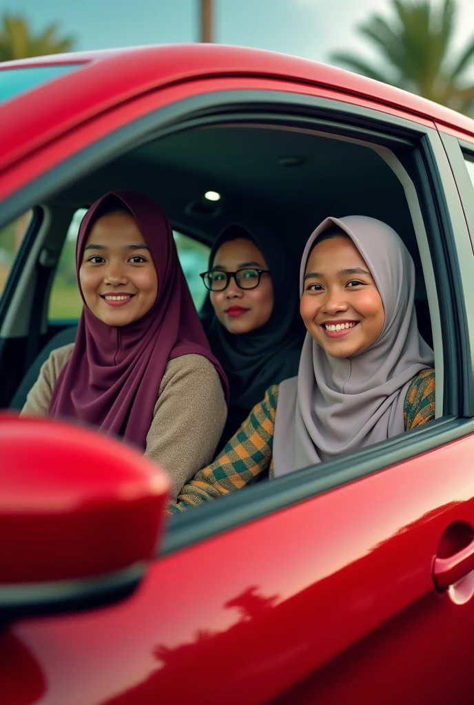 Indonesian men wearing glasses and baseball caps and women wearing hijabs in a red Honda Brio car