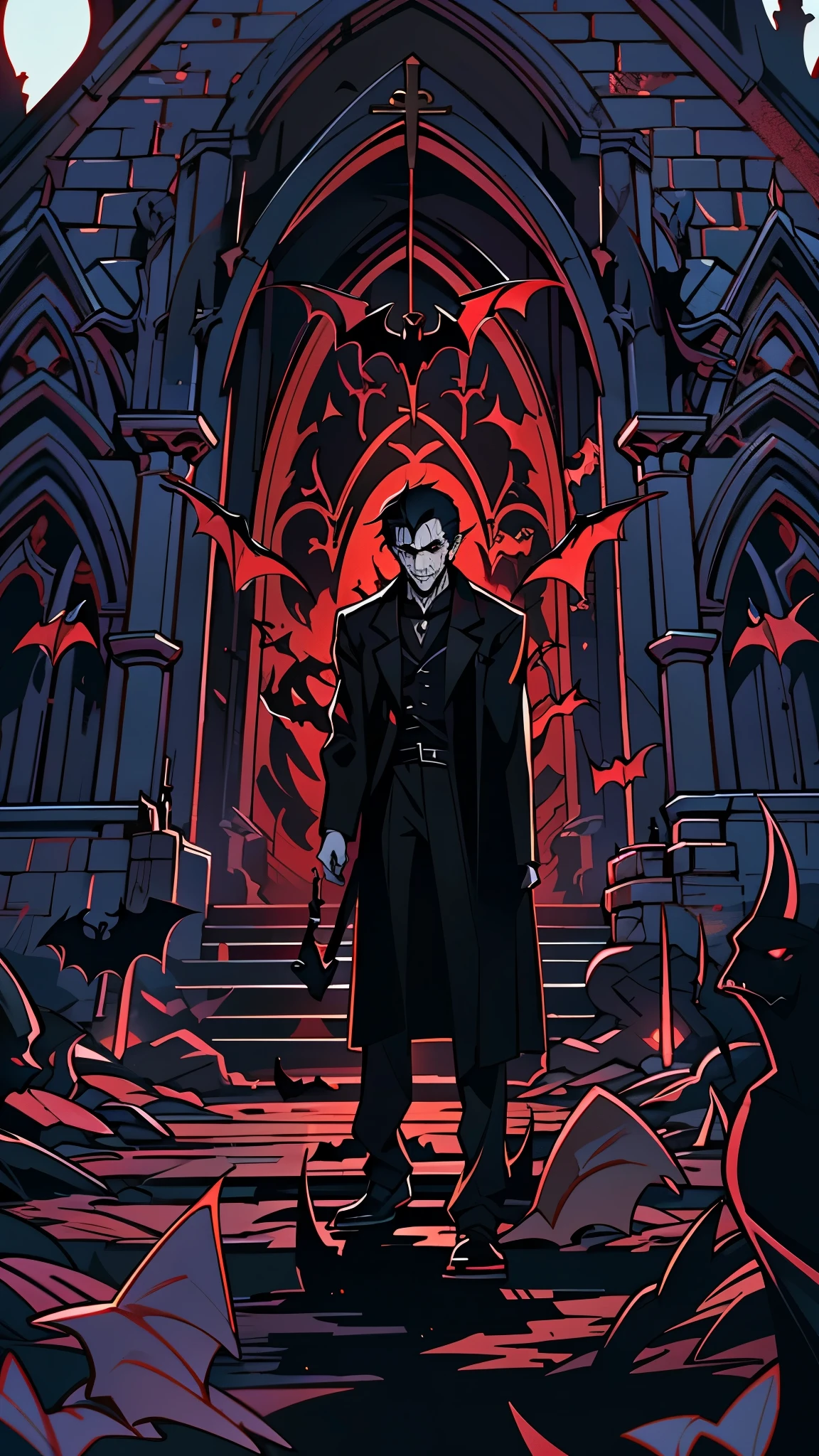 church in the background, vampire guy with bats at his side, red eyes, black hair,