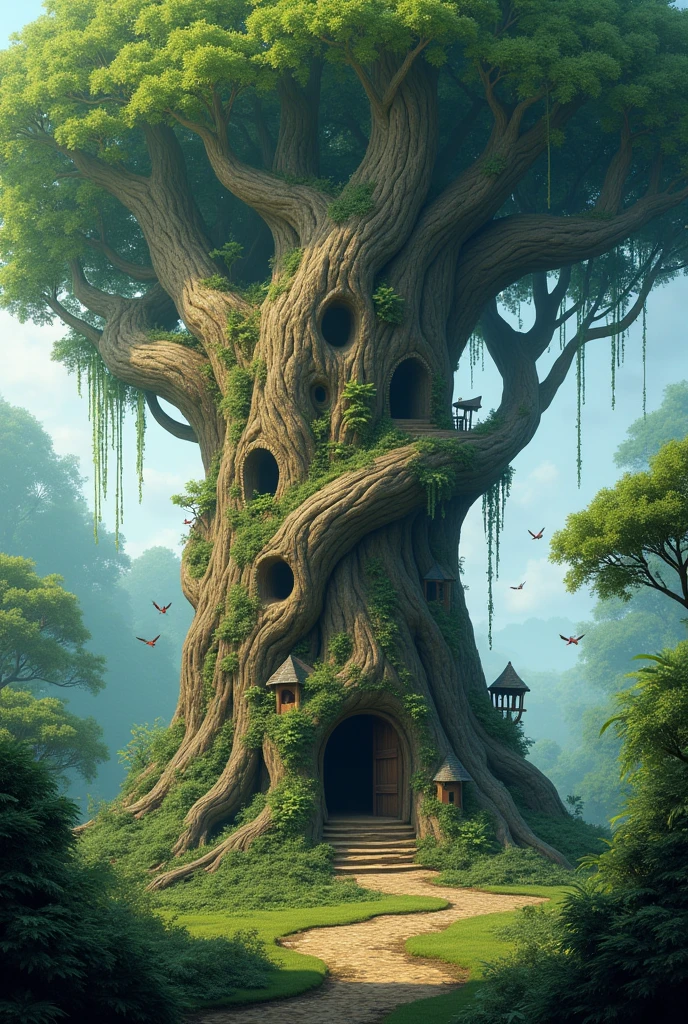 gigantic tree, touching the skies, with houses carved into it and a dense forest around it,
