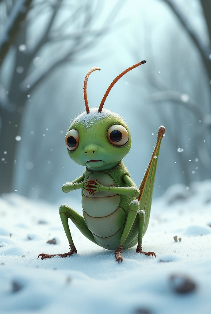Grasshoper shivering in snow animated