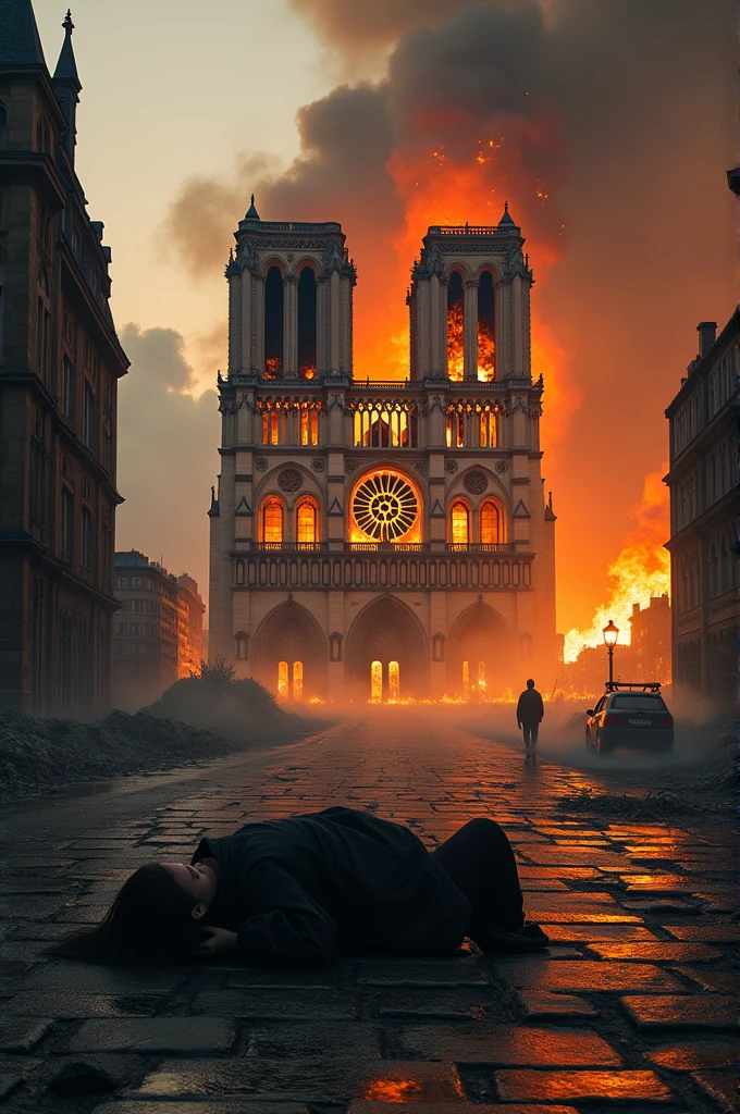 One of the fallen in front of the burning Notre Dame 