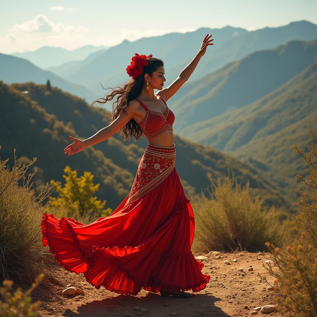 Latin woman in gypsy clothes dancing flamenco beautiful landscapes, big depth of field, ​masterpiece, UHD quality".