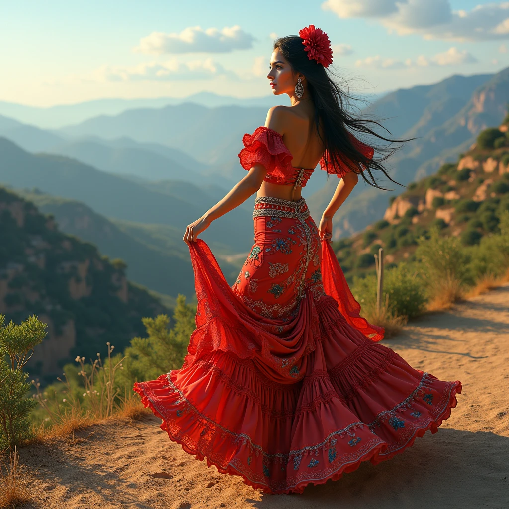 Latin woman in gypsy clothes dancing flamenco beautiful landscapes, big depth of field, ​masterpiece, UHD quality".