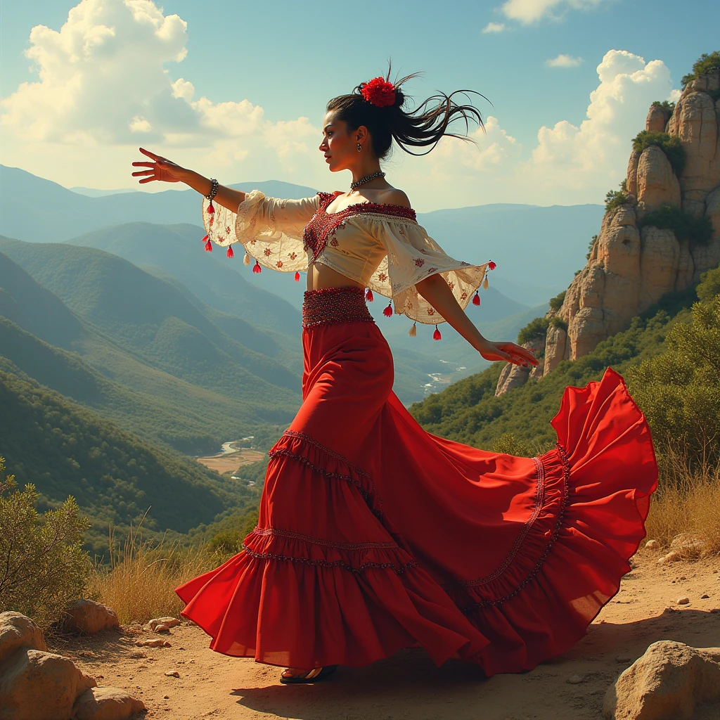 Latin woman in gypsy clothes dancing flamenco beautiful landscapes, big depth of field, masterpiece, UHD quality".