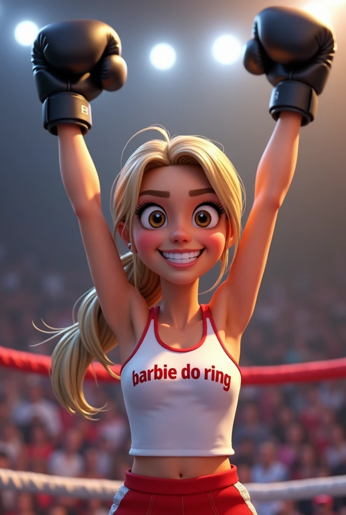 Cartoon character of a Brazilian woman in a pink t-shirt, On his t-shirt it says "BARBIE DO RING", she is wearing black boxing gloves, and her hands are raised because she won the fight, the forehead is a little big . light skinned animation character, rosto comprido, light hair, hair blonde, hair with ponytail, brown dark eyes, small almond shaped eyes, fine strokes, delicate features, pretty, pretty, ssmile, stylized character, style rendering animation, 3d stylized , Arnold Maya rendering, Stylized 3D rendering, toon render screenshot, 3d character, 3d character, Stylized 3D rendering, renderização de 3d character, cartoon character, personagem em close-up, character posing, (Pixar-style) (master part: 1.2) (bokeh ) (best qualityer) (skin detailed) (detailed texture) (8k) (Argilla) (cinematic lighting) (sharp focus)