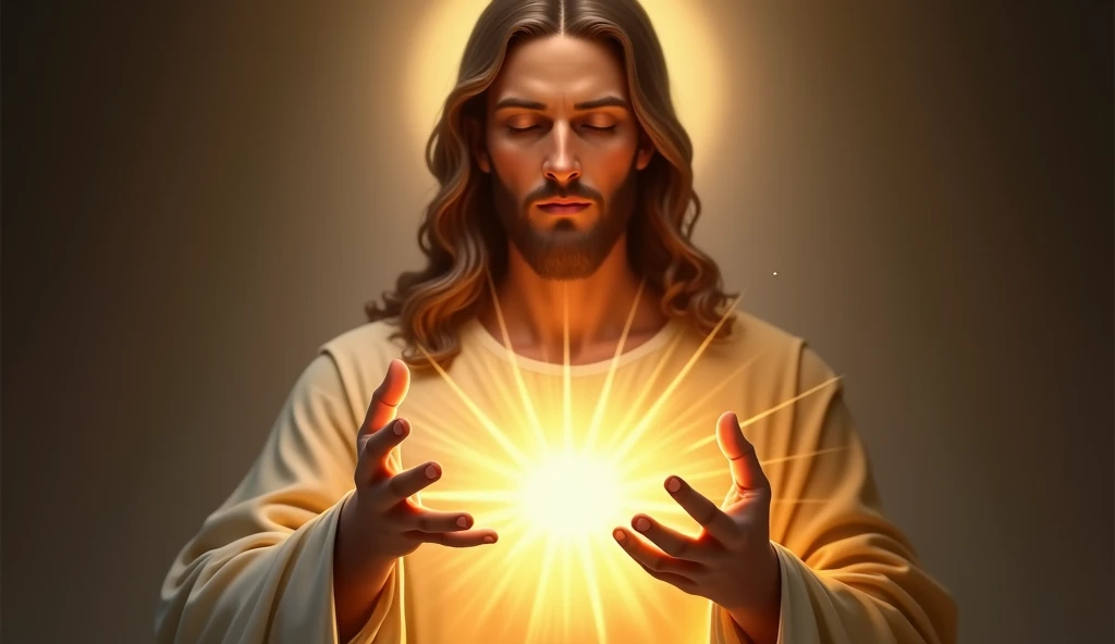 Ultra realistic Christ with loving face with hands in blessing gesture to the viewer. his heart is ultra radiant, loving, shining eyes to the viewer, of light transmitting depth