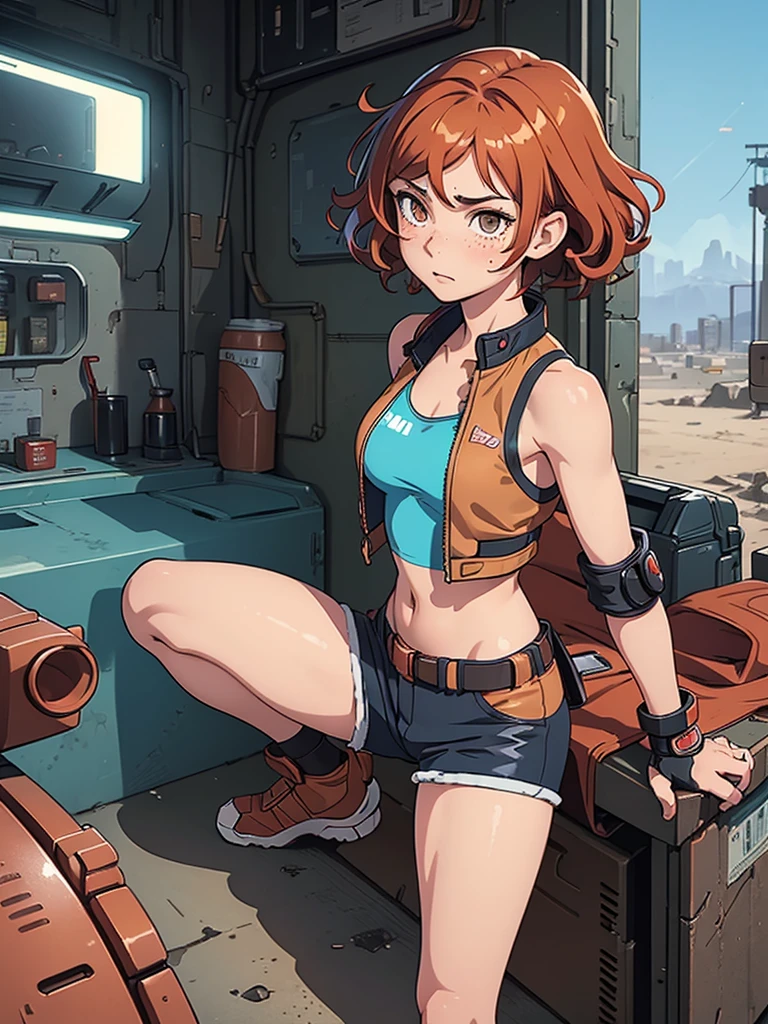 (masterpiece), (best quality), ((one girl)), red copper hair,(brown eyes),short hair, curly hair, anime style, freckles, (small breast), (petite figure), blue tank top, knee pads, legs, (desert background)), cyberpunk jacket, knee guard pads, (almond eyes) , tan skin, fighting fingerless gloves