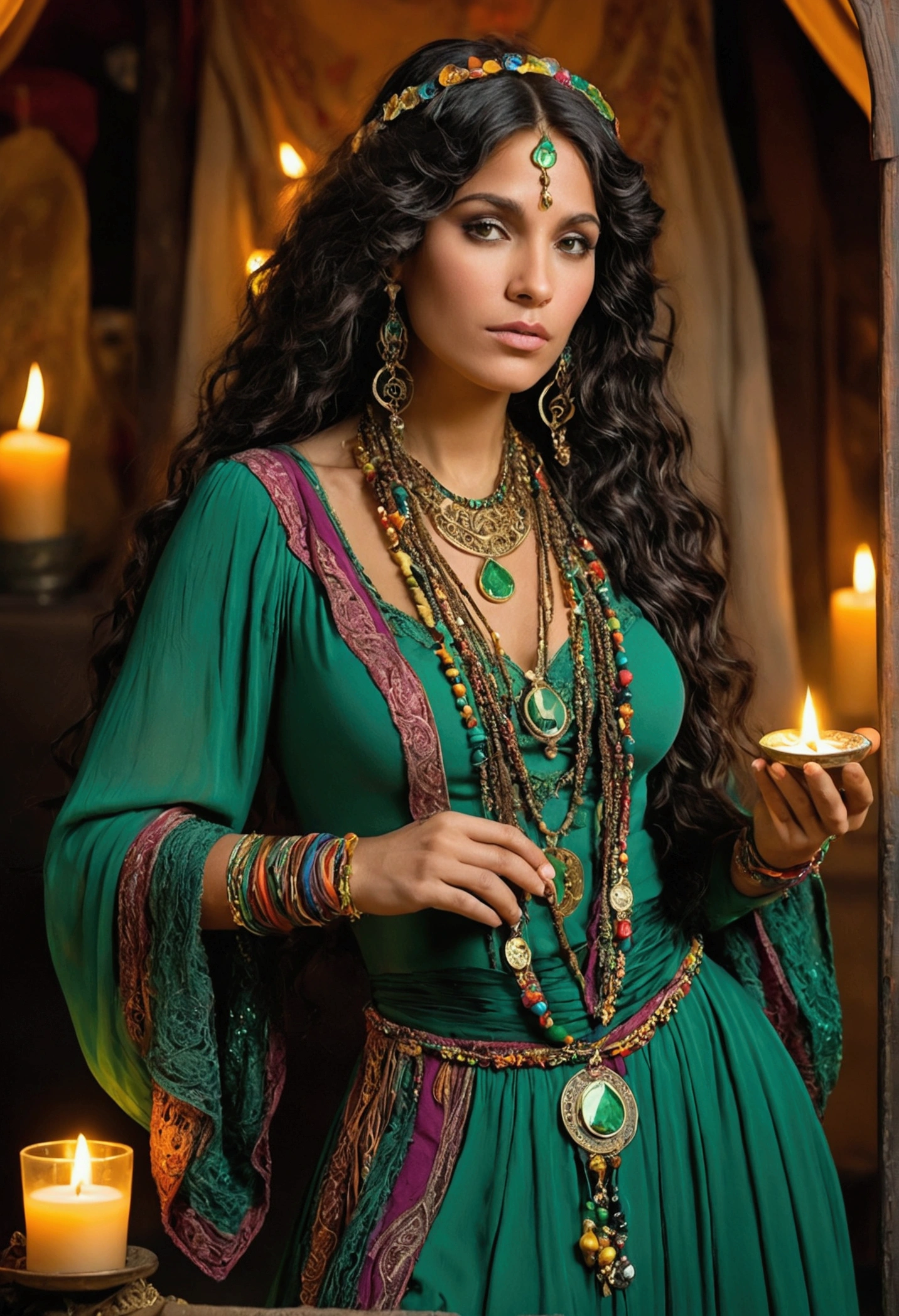 Generate a detailed and vibrant image of a gypsy known as "Emerald Gypsy". She is portrayed as a striking woman with long, dark, wavy hair adorned with coins and colorful ribbons. Her outfit is a flowing dress in shades of green, with a rich guipir lace trim on the skirt. She wears a variety of jewelry, including bracelets, necklaces, and large hoop earrings. Esmeralda holds tarot cards in one hand, with a serene expression that exudes wisdom and mystery. The background features a mystical setting, possibly a candlelit tent with rich fabrics and spiritual symbols, enhancing the aura of divination and ancient traditions.