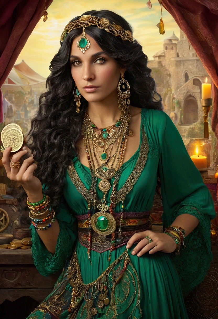 Generate a detailed and vibrant image of a gypsy known as "Emerald Gypsy". She is portrayed as a striking woman with long, dark, wavy hair adorned with coins and colorful ribbons. Her outfit is a flowing dress in shades of green, with a rich guipir lace trim on the skirt. She wears a variety of jewelry, including bracelets, necklaces, and large hoop earrings. Esmeralda holds tarot cards in one hand, with a serene expression that exudes wisdom and mystery. The background features a mystical setting, possibly a candlelit tent with rich fabrics and spiritual symbols, enhancing the aura of divination and ancient traditions.