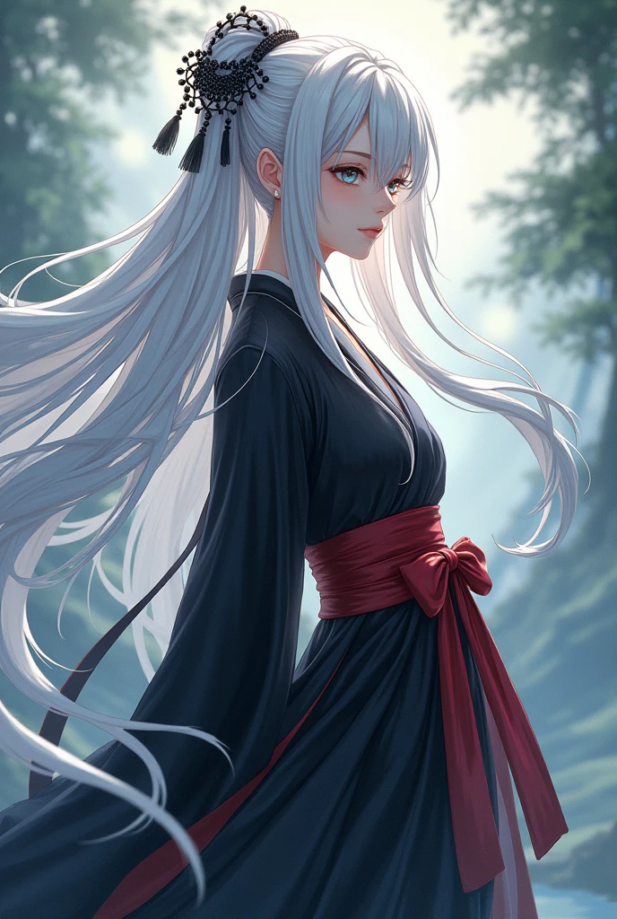 Anime girl with white hair decorated with black beads and black cultivator clothes with red belt