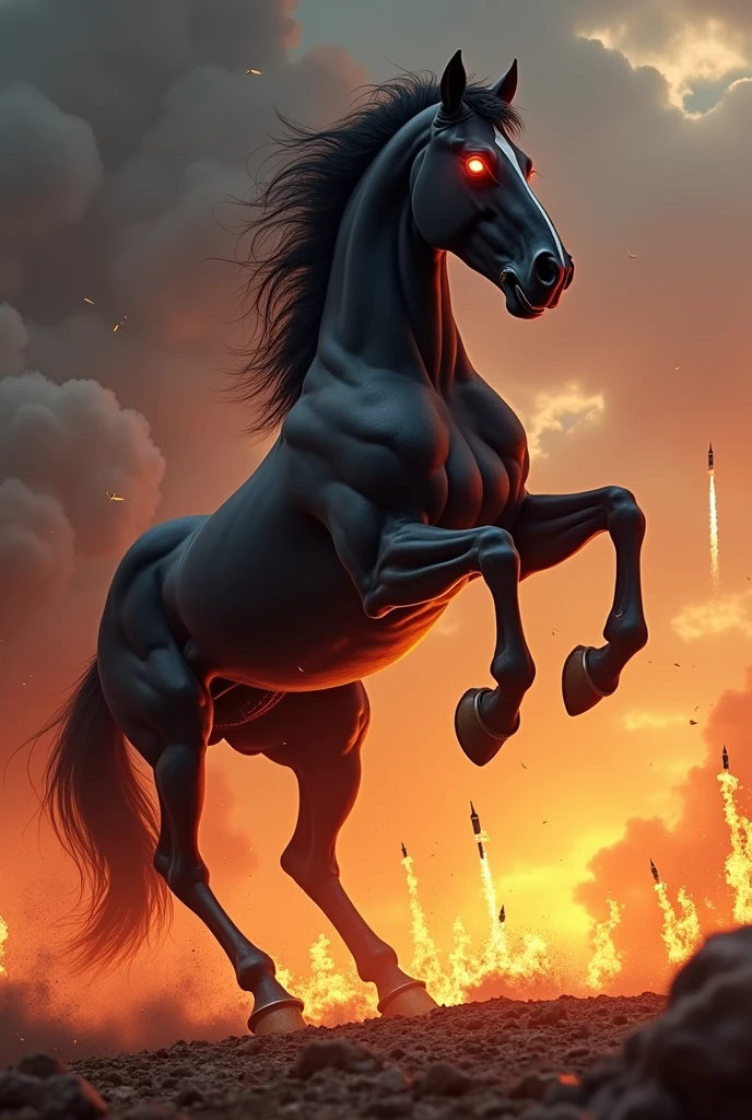 Erstelle ein Bild mit einem black
angreifenden aggressiven mächtigrn zugpferd hengst
mit atrken Muskeln und Adern und feuerroten Augenund einem offenem maul. It stands on its hind legs and the front legs are stretched high in the air. black, carbonizing, flames ground in stomps. The background should be a flaming inferno so that you can see the heat. There are rockets in the sky that are being intercepted