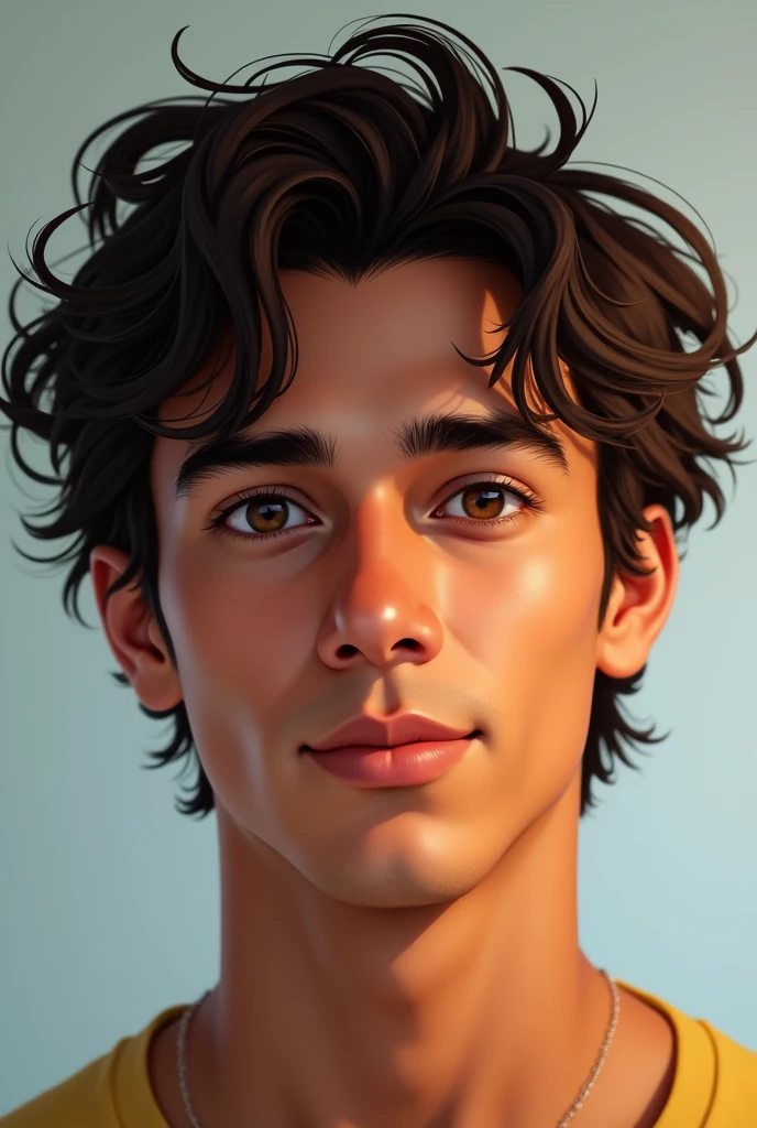 20 year old man, normal height (1.77), Brown skin, light brown eyes, dark brown messy hair, Mexican, almond eyes, Thin face but with light masculine features , attractive, young appearance