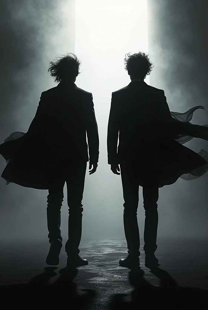 Shadow image, a 2 men back shot, his hair short wave style, blow in wind