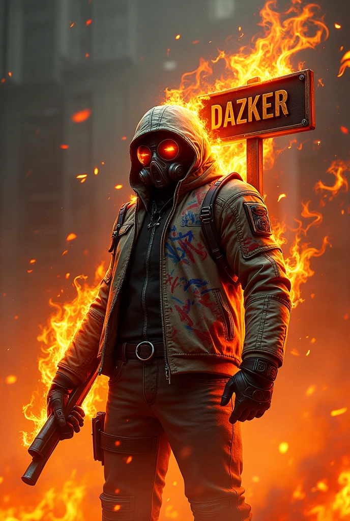 Gamer avatar wallpaper covered in fire holding a spiked sign with the word DAZKER and wearing graffiti jacket with a toxic gas mask in 3D style