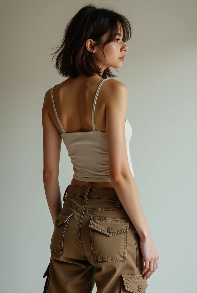 HD girl with medium short hair wearing brown cargo pants from behind, with all his body complete