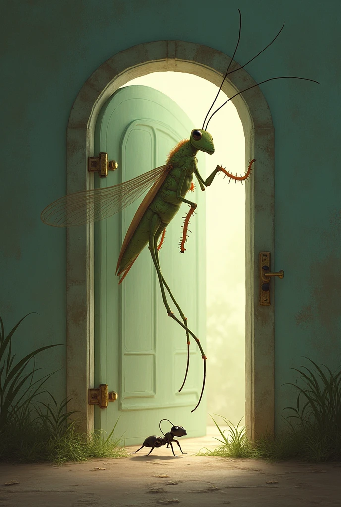 Grasshoper ant at door