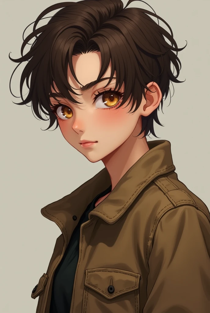 Character design sheet - androgynous boy with brown tousled hair, caramel skin and amber-brown eyes, girlish facial features, dressed in a brown canvas jacket, not anime