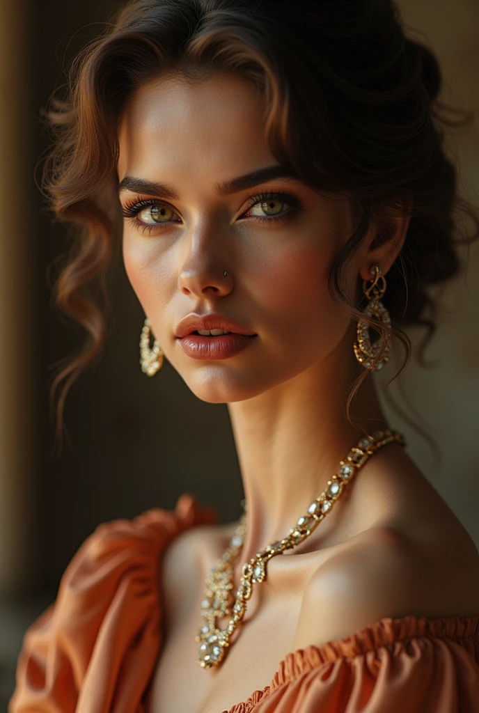 (Best quality, 4K, high resolution, masterpiece:1.2), (ultra-detailed, photo-realistic:1.37), European female aristocrat, old money vibes, 90s era supermodel features, (beautiful detailed eyes:1.3), (beautiful detailed lips:1.2), (extremely detailed face:1.4), (long eyelashes:1.1), (elegant hairstyle:1.2), (expensive jewelry:1.3), (luxurious silk dress:1.4), (chiaroscuro lighting:1.1), (warm color tone:1.2), (cinematic composition:1.3), (photorealistic:1.5), (8k:1.2), (best quality:1.3), (masterpiece:1.4)