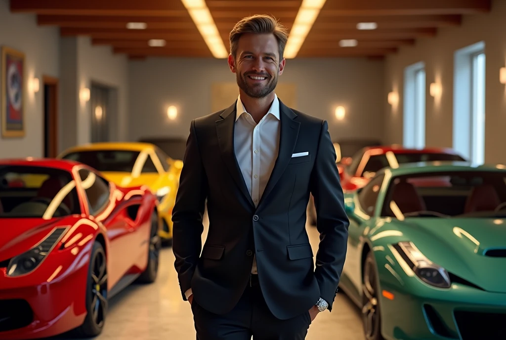 Man in a garage with luxury cars: A man stands in his personal garage, filled with luxury sports and classic cars. He holds the keys to a high-performance car while smiling at the camera, with the garage lighting highlighting the vehicles.