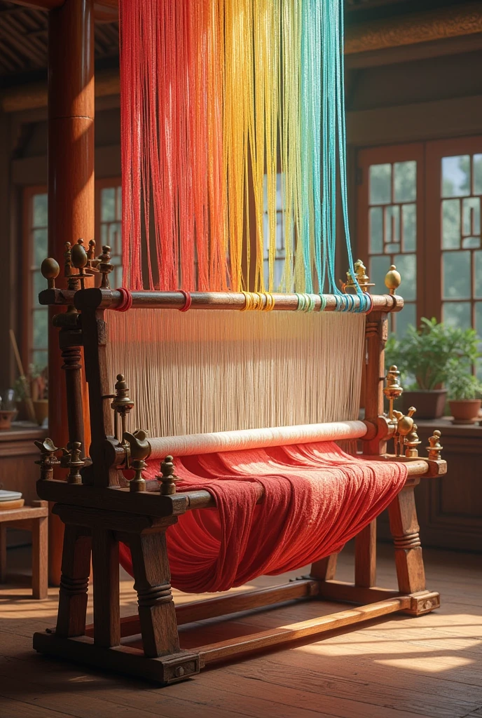Draw for me a picture of a loom weaving fabric with threads and around there are many threads of different colors flying around on the loom. Please draw all these requirements completely, do not omit any