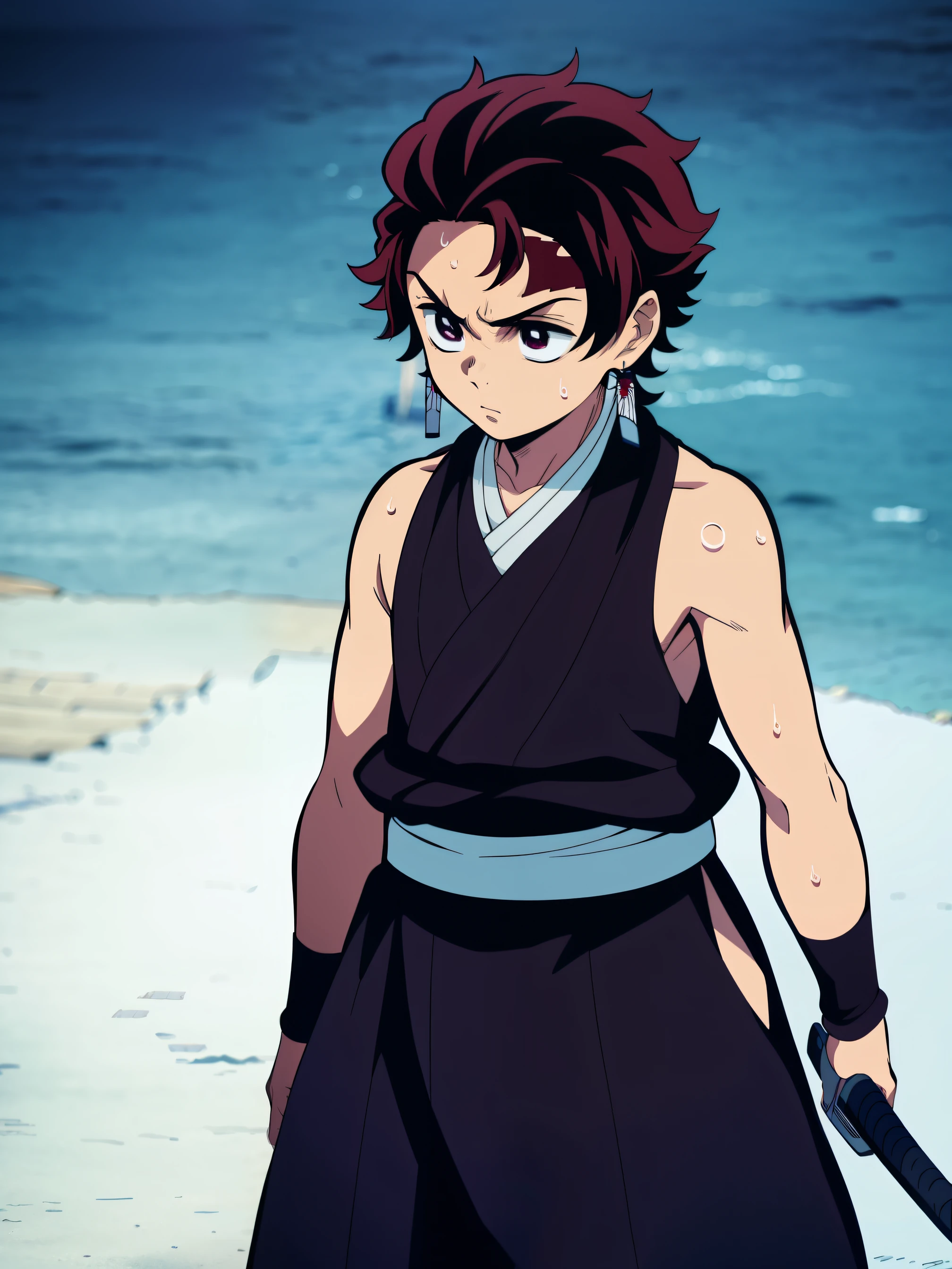 Highres, Masterpiece, Best quality at best,Best Quality,hight quality, hight detailed, anime style, (1boy, Boy, Shota), (Sleeveless half jacket), Tanjiro, red hair, earring, Obi,short ninja hakama, Ninja scarf fluttering in the wind,hand sword bowing pose, (very young boy), (very small and short body), simple beckground, cute boy, Uhd, bokeh, sweat