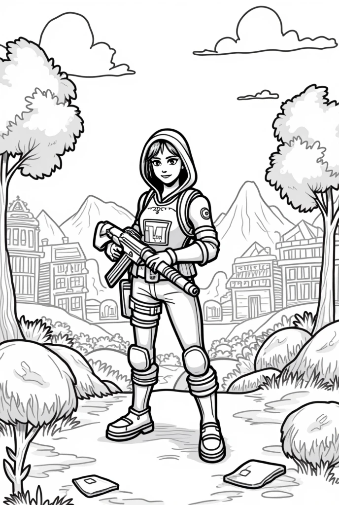 Un dessin de coloriage sur le theme fornite, en noir et blanc pour pouvoir qu’un enfant de 7ans puisse le colorier