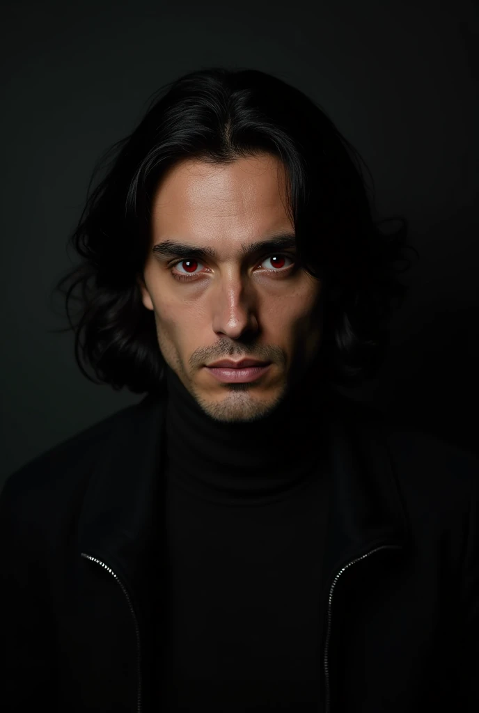 1 men, 30years, dark red eyes, perfect lighting, Bblack hair, side lighting, face detailed, long hair, brunette skin, simple background, darkness background