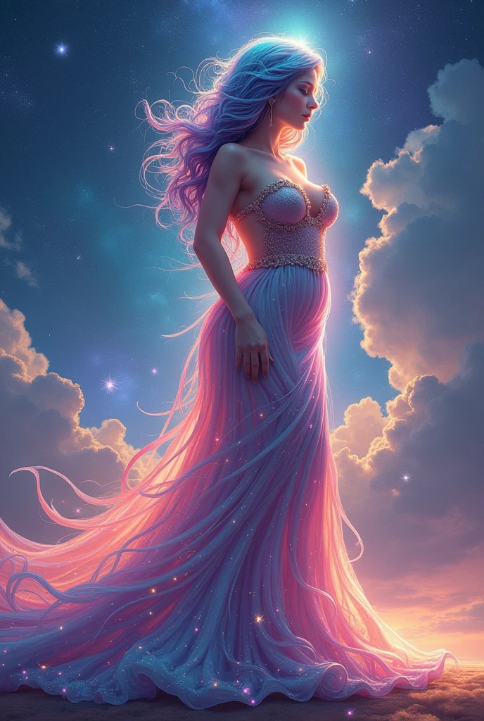 (masterpiece,quality,best quality,water彩(curly),Official Art,Beauty and aesthetics:1.2),(1 big breasted girl:1.3),(Fractal Art:1.3),Curtsy \(Manaka et al.\),Big breasts and thin waist,thigh,View from the side,Looking at the audience,Patterned,(Rainbow Hair,hair color,Half blue, half pink hair:1.2),water,liquid,cloud,rich and colorful,Starry Sky,Star,
