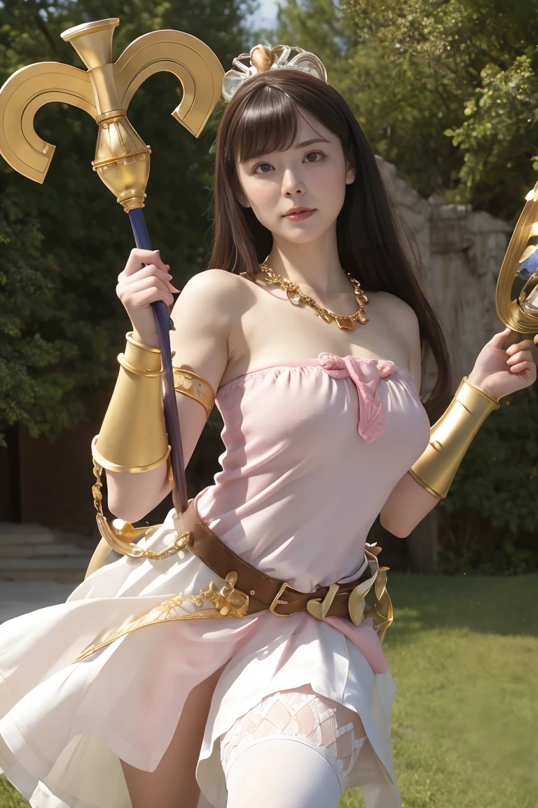 masterpiece, Highest quality, High resolution, hmpa1, pink, Parted bangs, tiara, Large Breasts, necklace, Exposing shoulders, Strapless Dress, Arm guard, belt, White Dress, White knee socks, Single knee socks, Outdoor, holding staff, staff, Hold a shield,