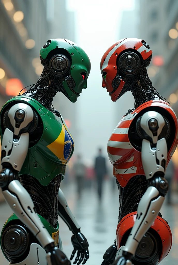 Two humanoid robos, with human anatomy but still perceptibly robotic, one representing Brazil and the other the USA, disputing world hegemony