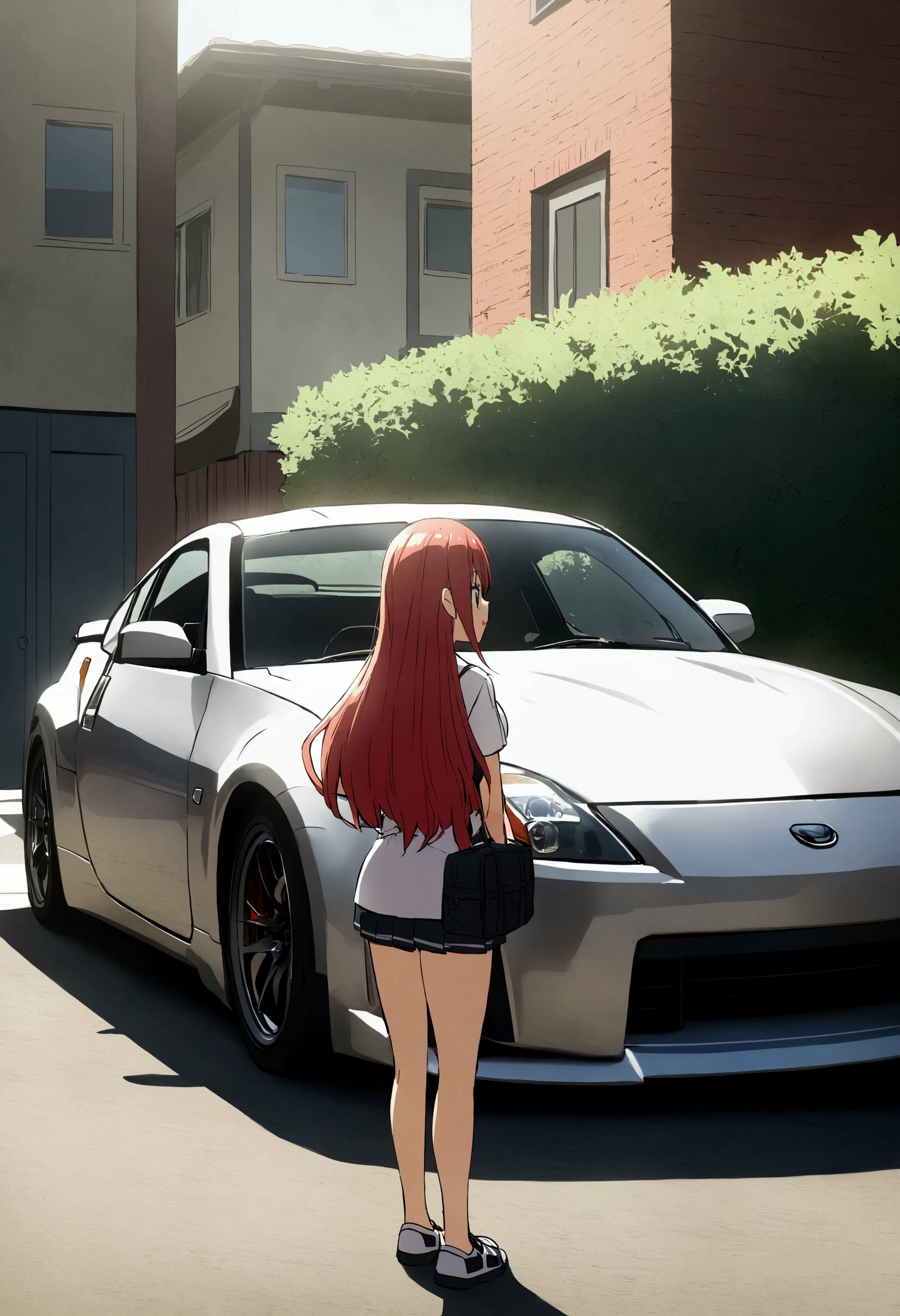 Red hair cute anime girl with long hair next to a silver Nissan 350z