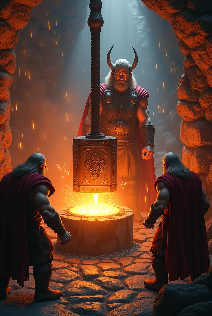 the hammer Mjölnir being forged by the dwarves, with Thor watching.