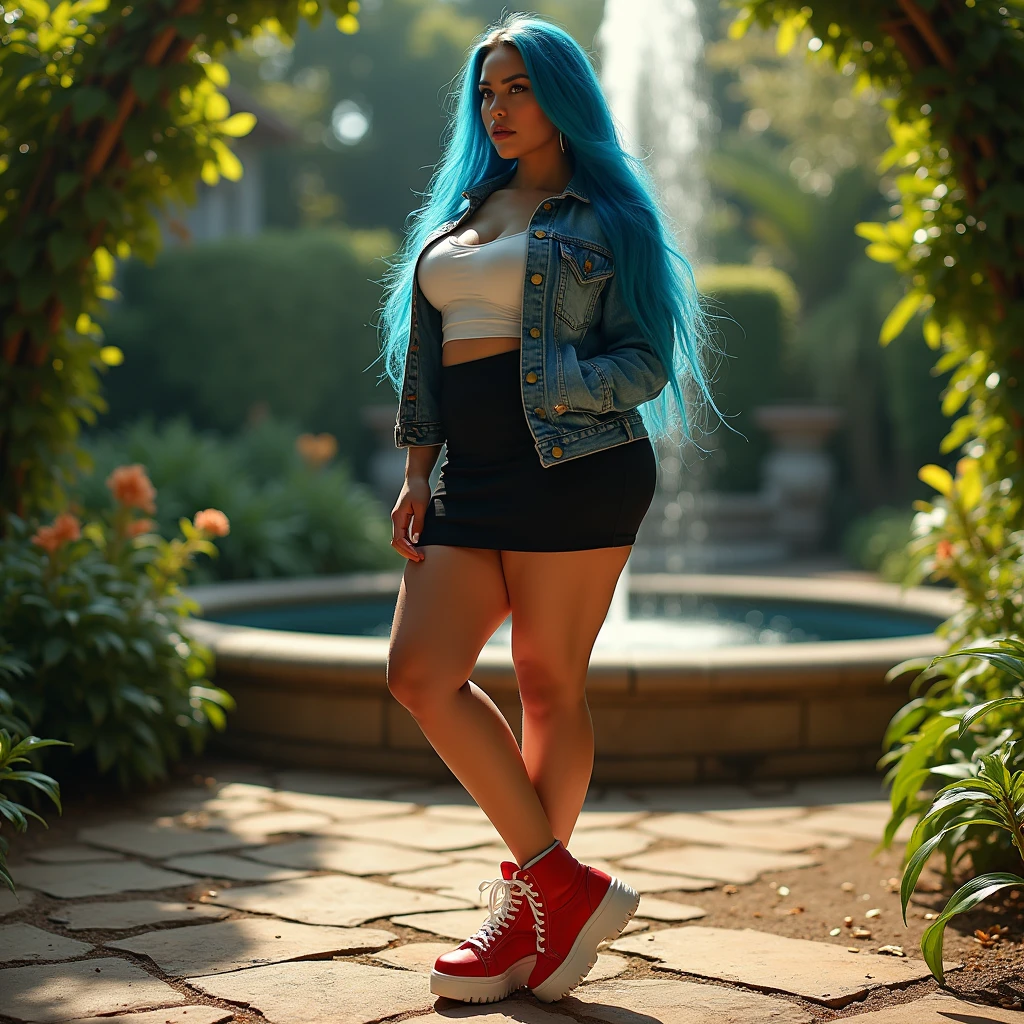 Latin girl with long blue hair, ((portrait of Carol G)), muscular body ((big breasts)), wide hips, ((big ass)), shapely legs, with a denim jacket, white top below, black mini skirt leather and red platform sneakers, he is in 3/4 view ((shot from below his heel towards his head)), ((view focused on his ass)), he is with one leg supporting his weight and the other leg slightly flexed ending with the tip of her foot with the heel raised looking, her face towards the camera smiling, she is in a garden with abundant vegetation and a fountain can be seen in the background, complete scene shows full body and part of the environment, mid-day lighting, the sun fills with light, the moment, the surroundings are calm, masterpiece, hyper-detailed, hyper-realistic ((anatomically correct body)), perfect skin, 8k, photograph taken for a magazine