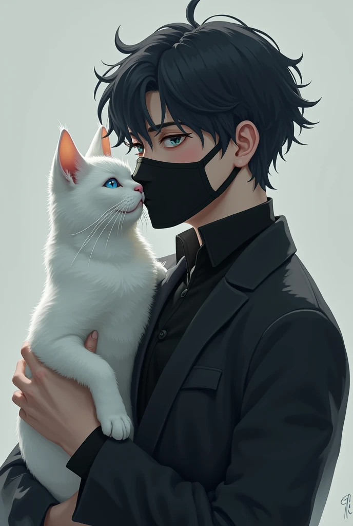 A young man dressed in black with youthful hair wearing a face mask holding a white cat on his right shoulder.. The cat is white and its cat eyes are light blue...