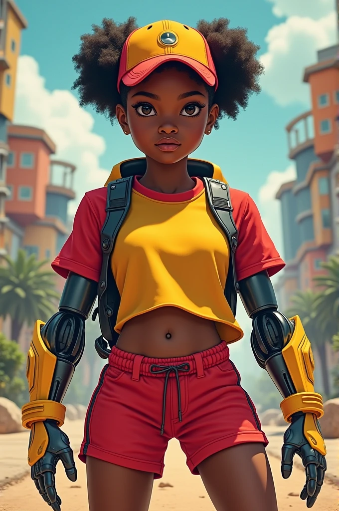 A black girl who uses a robot to defend herself, wears a red and yellow shirt, wears a cap of the same colors and has red shorts