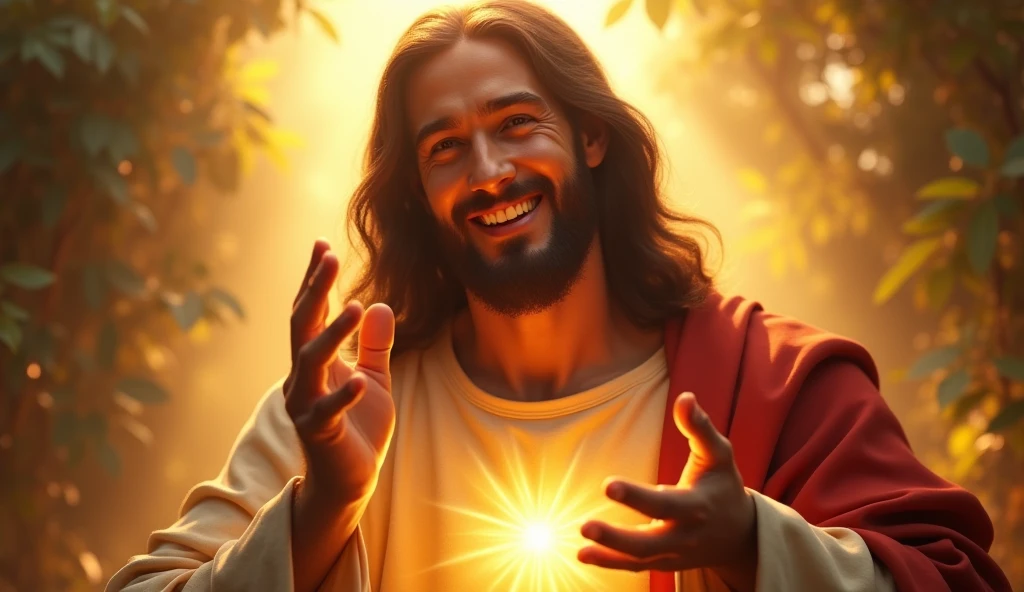 Ultra realistic Christ with loving face with hands in blessing gesture to the viewer. his heart is ultra radiant, loving, shining eyes to the viewer, of light transmitting depth, in the background radiant nature