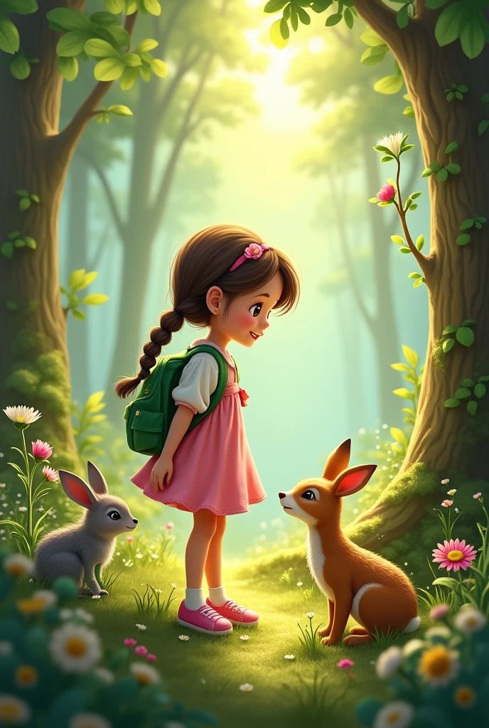 A girl in a pink dress and white shirt with braids and a green backpack and pink shoes talking to the forest animals