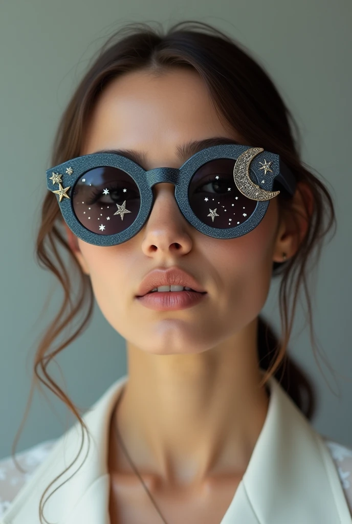 The model is wearing glass sunglasses with stars and the moon on the glass