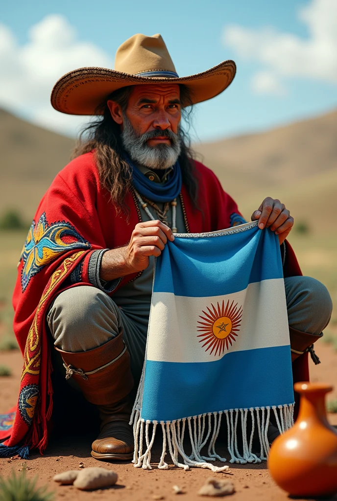 A gaucho with a poncho making a poncho with the Argentine flag with a mate on the side and it is outdoors