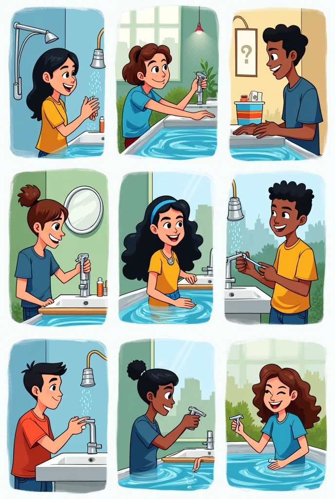 Create a cartoon about water prevention measures for teenagers (cartoon, with 10 vignettes)
