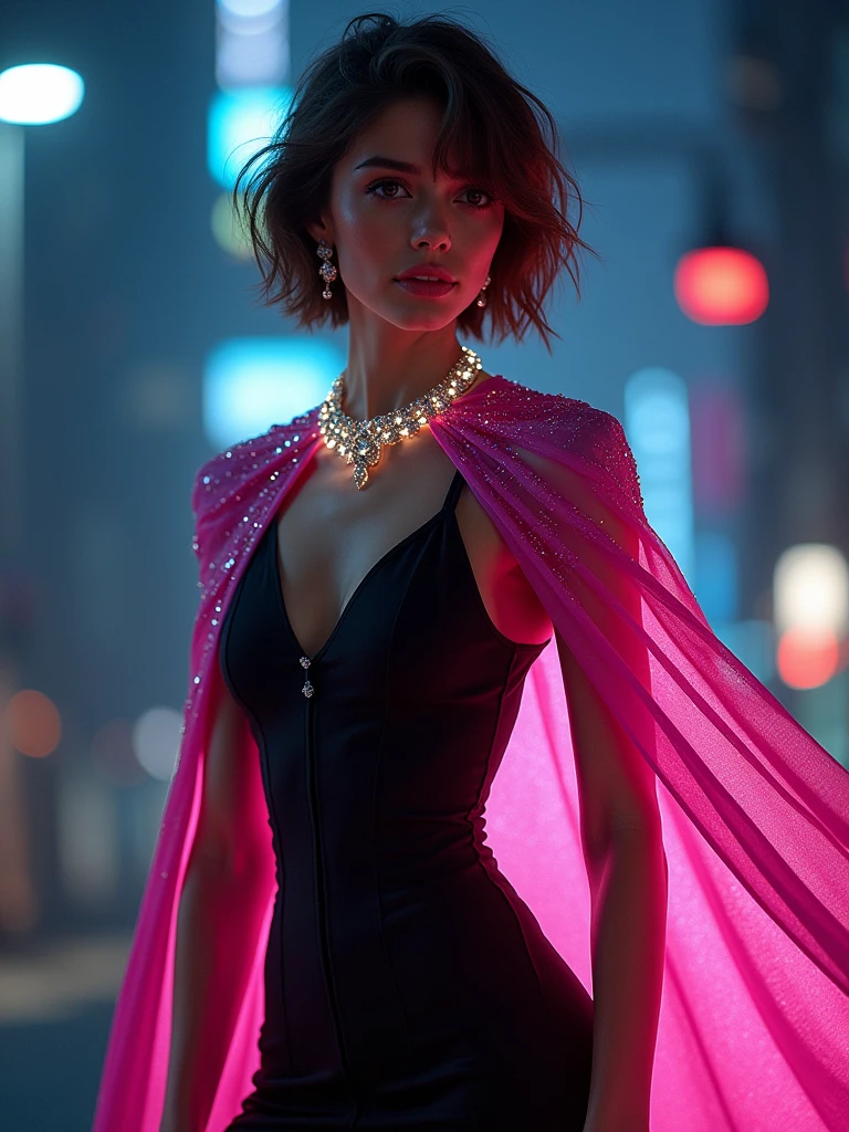 A pretty girl, short brown hair, wearing a tight black short dress, with a pink cape, sparkling jeweleries, sparkling beautiful eyes, sparkling pictures, highest quality, fantasy, vibrant colors, futuristic, night vision, superhero version