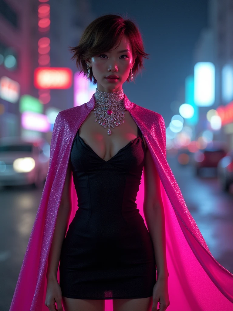 A pretty girl, short brown hair, wearing a tight black short dress, with a pink cape, sparkling jeweleries, sparkling beautiful eyes, sparkling pictures, highest quality, fantasy, vibrant colors, futuristic, night vision, superhero version